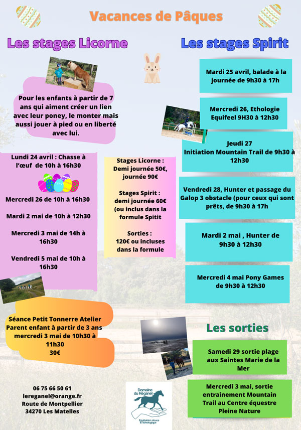 Stages des vacances de Pâques 2023 Domaine du Réganel
